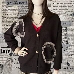 Y2k black knit cardigan with lace trim heart detail and pearl heart button closu